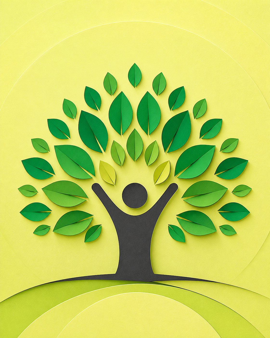 Paper-cut illustration of a person flourishing beneath a canopy of green leaves